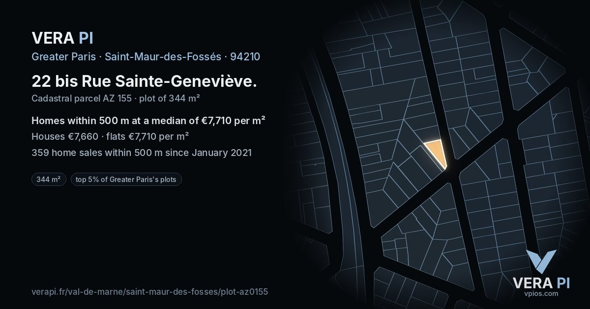 22 bis Rue Sainte-Geneviève, Saint-Maur-des-Fossés at night – the plot lit, the parcels around coloured by the prices near them