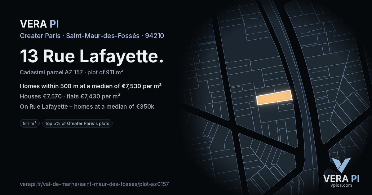 13 Rue Lafayette, Saint-Maur-des-Fossés at night – the plot lit, the parcels around coloured by the prices near them