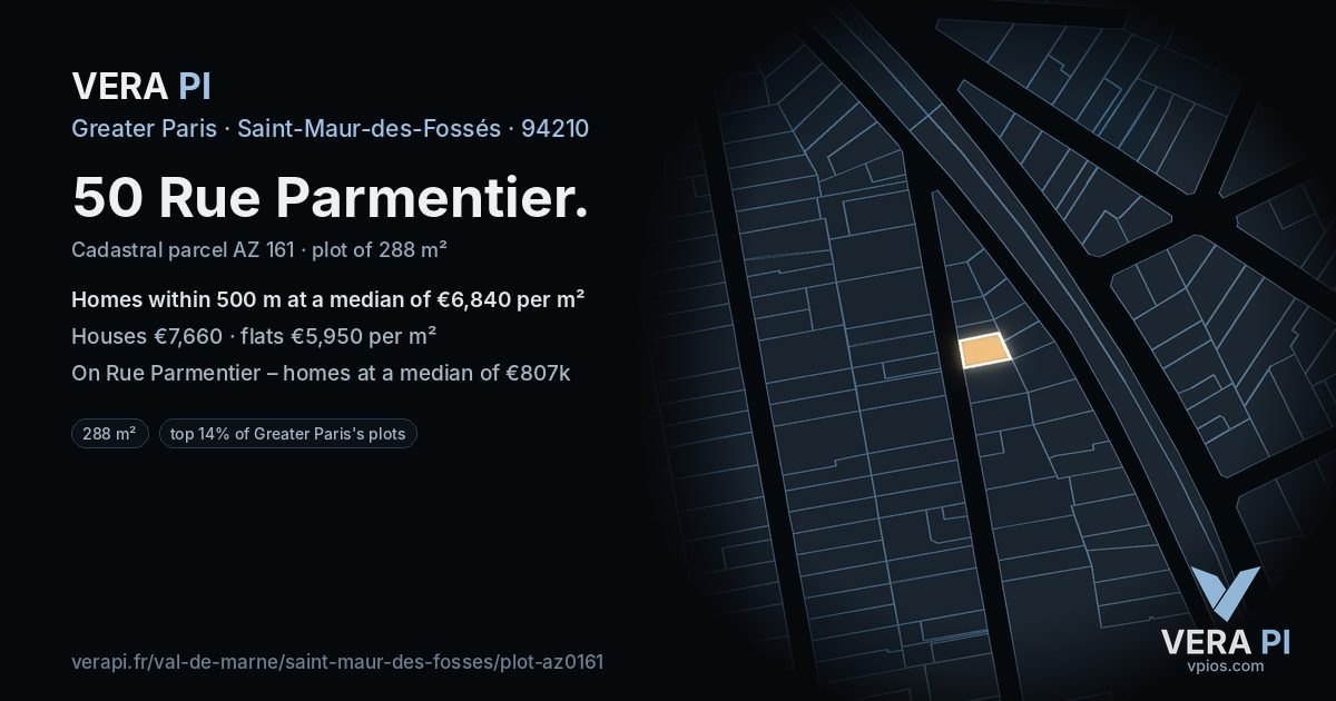 50 Rue Parmentier, Saint-Maur-des-Fossés at night – the plot lit, the parcels around coloured by the prices near them