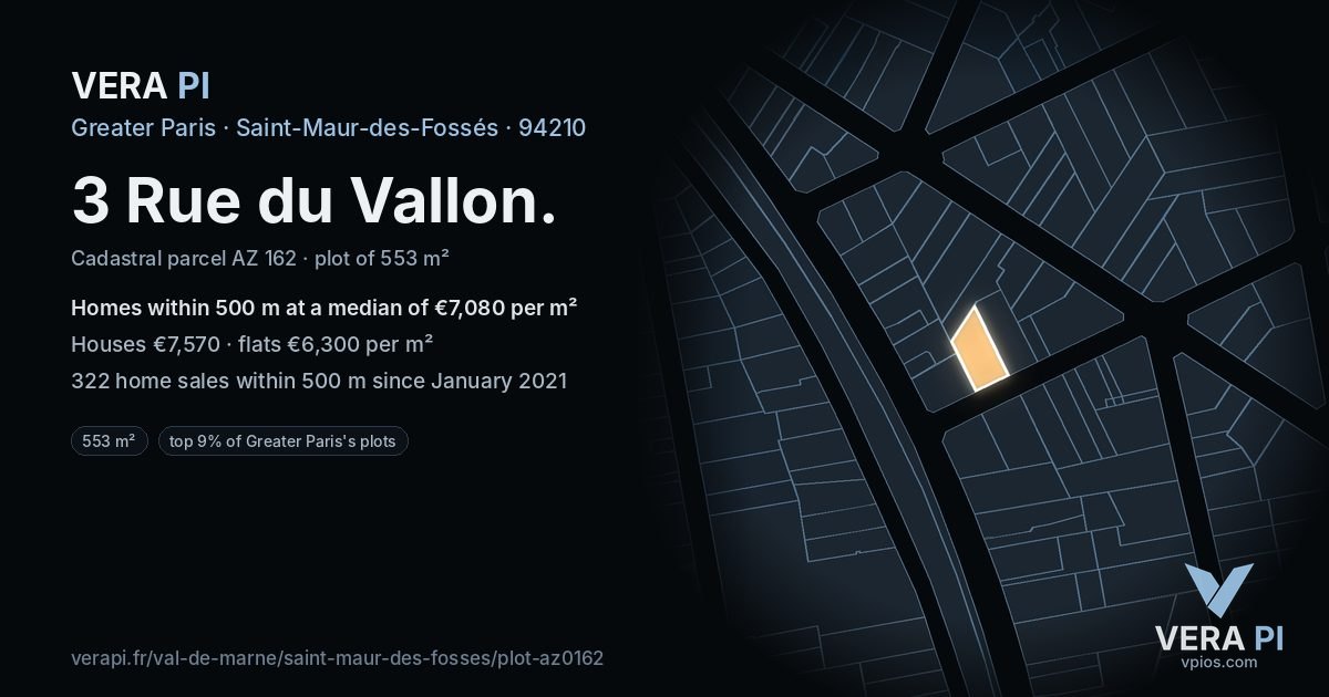 3 Rue du Vallon, Saint-Maur-des-Fossés at night – the plot lit, the parcels around coloured by the prices near them