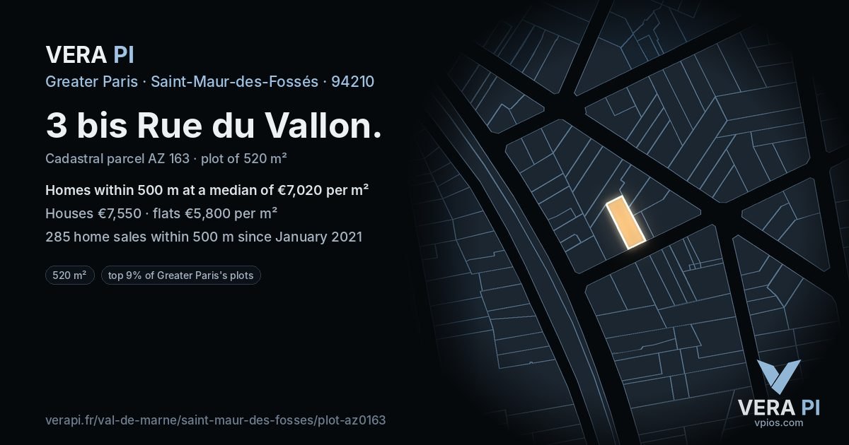 3 bis Rue du Vallon, Saint-Maur-des-Fossés at night – the plot lit, the parcels around coloured by the prices near them
