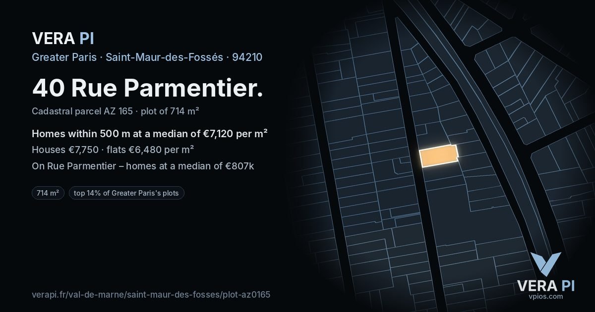 40 Rue Parmentier, Saint-Maur-des-Fossés at night – the plot lit, the parcels around coloured by the prices near them