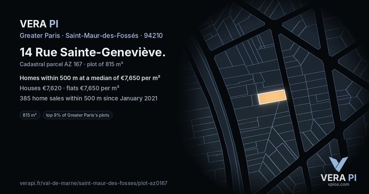 14 Rue Sainte-Geneviève, Saint-Maur-des-Fossés at night – the plot lit, the parcels around coloured by the prices near them