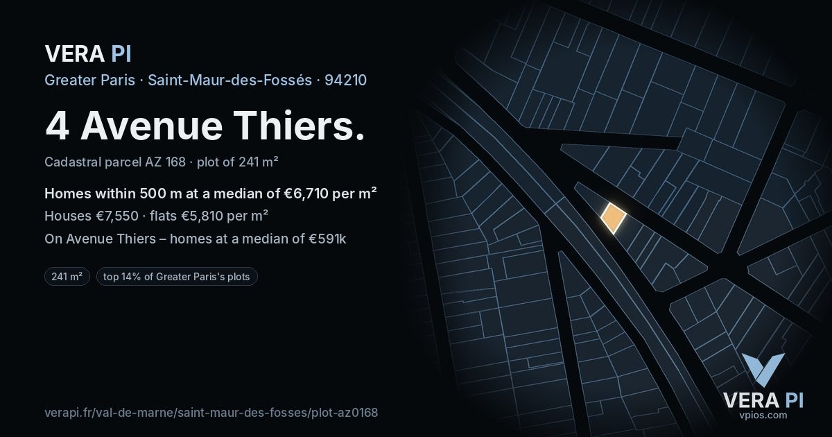 4 Avenue Thiers, Saint-Maur-des-Fossés at night – the plot lit, the parcels around coloured by the prices near them