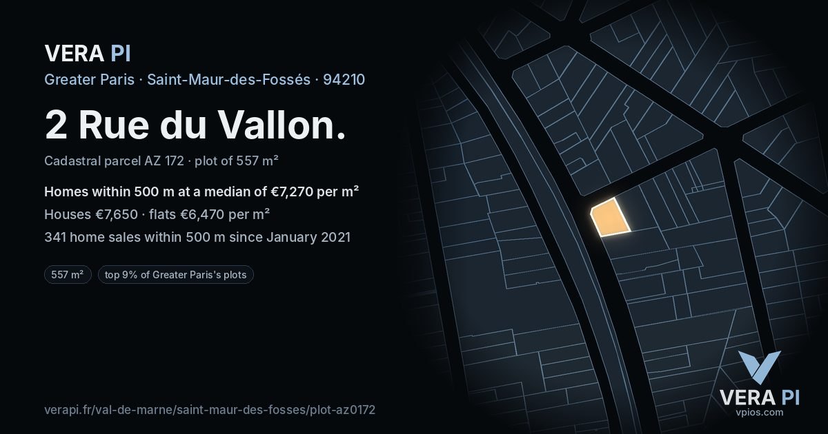 2 Rue du Vallon, Saint-Maur-des-Fossés at night – the plot lit, the parcels around coloured by the prices near them
