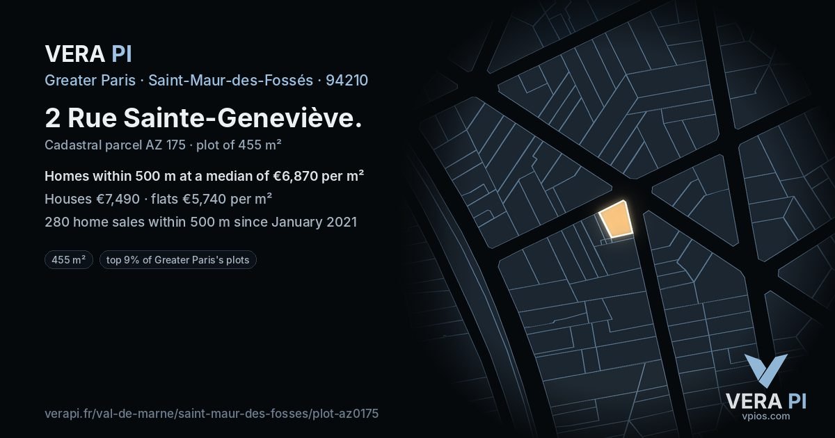 2 Rue Sainte-Geneviève, Saint-Maur-des-Fossés at night – the plot lit, the parcels around coloured by the prices near them