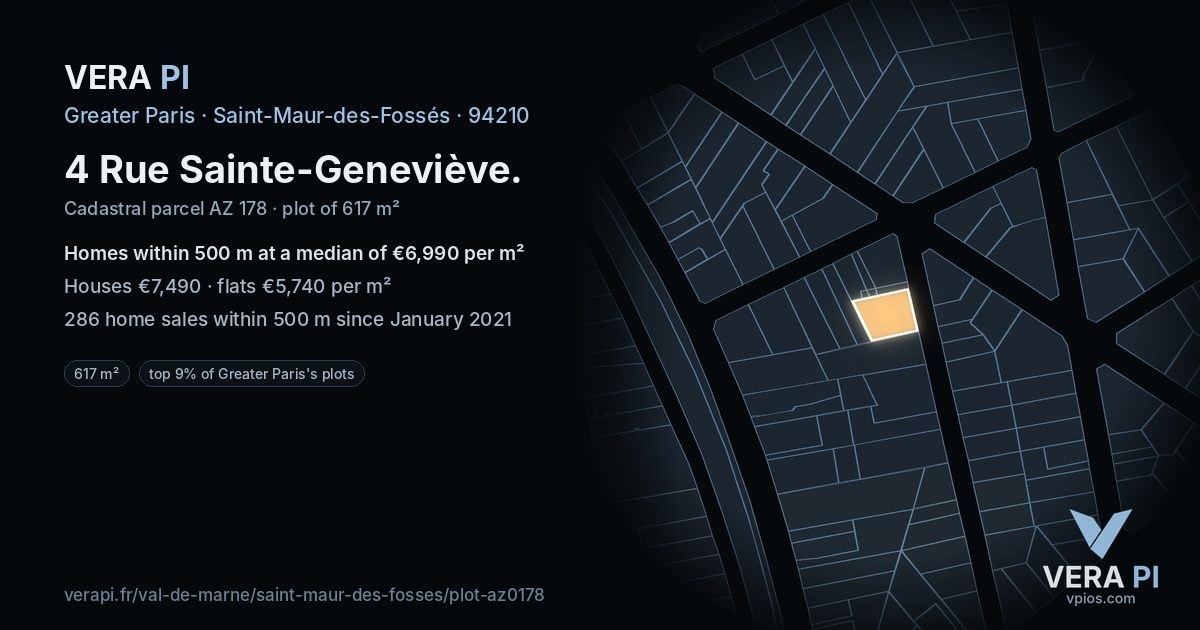 4 Rue Sainte-Geneviève, Saint-Maur-des-Fossés at night – the plot lit, the parcels around coloured by the prices near them