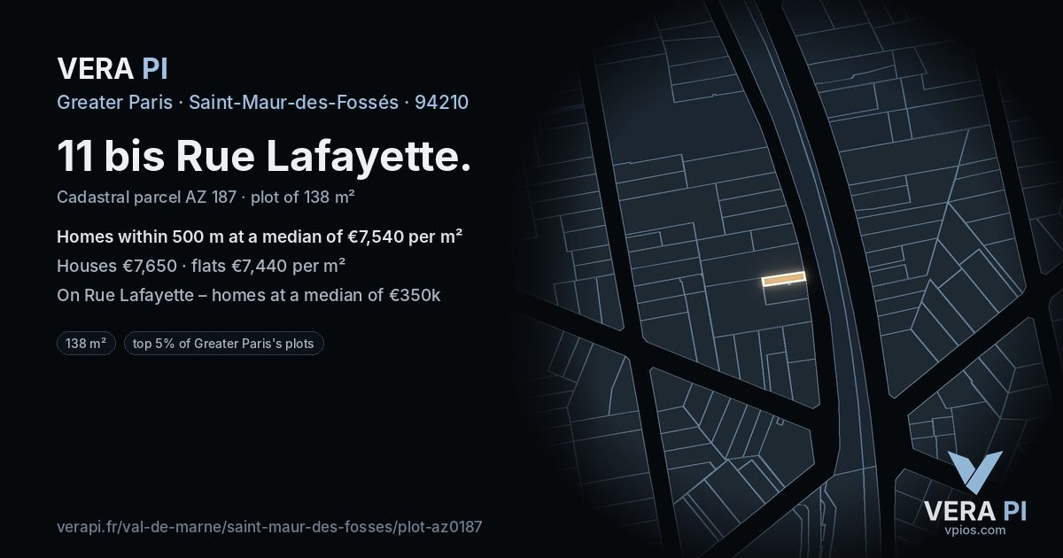 11 bis Rue Lafayette, Saint-Maur-des-Fossés at night – the plot lit, the parcels around coloured by the prices near them