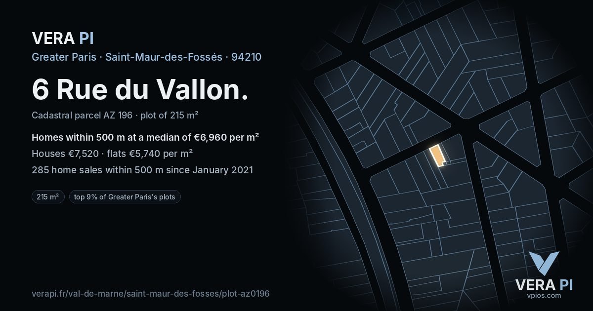 6 Rue du Vallon, Saint-Maur-des-Fossés at night – the plot lit, the parcels around coloured by the prices near them