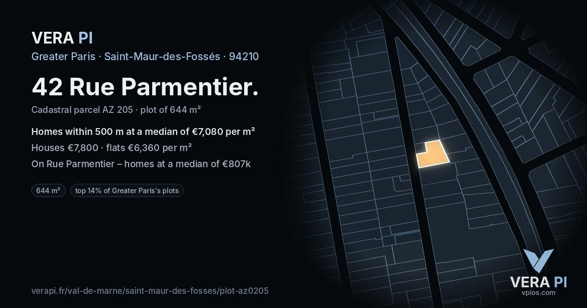 42 Rue Parmentier, Saint-Maur-des-Fossés at night – the plot lit, the parcels around coloured by the prices near them