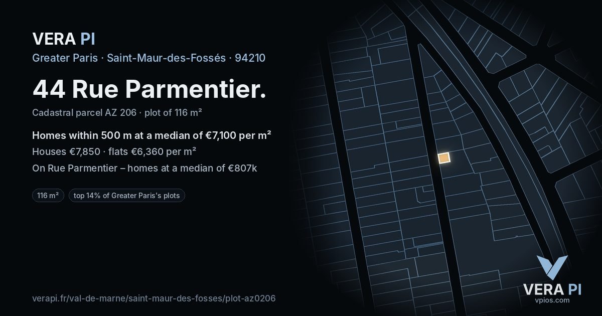 44 Rue Parmentier, Saint-Maur-des-Fossés at night – the plot lit, the parcels around coloured by the prices near them
