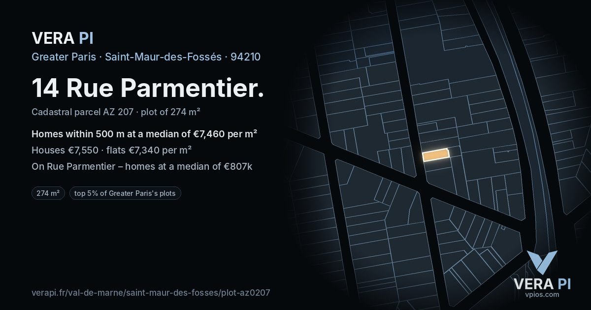 14 Rue Parmentier, Saint-Maur-des-Fossés at night – the plot lit, the parcels around coloured by the prices near them