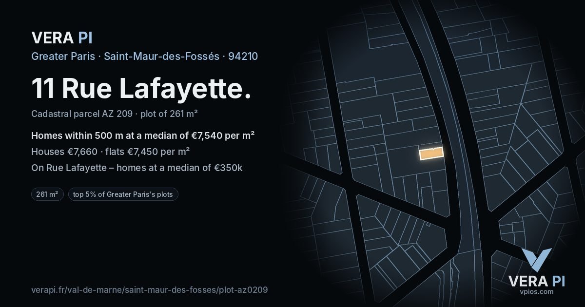 11 Rue Lafayette, Saint-Maur-des-Fossés at night – the plot lit, the parcels around coloured by the prices near them