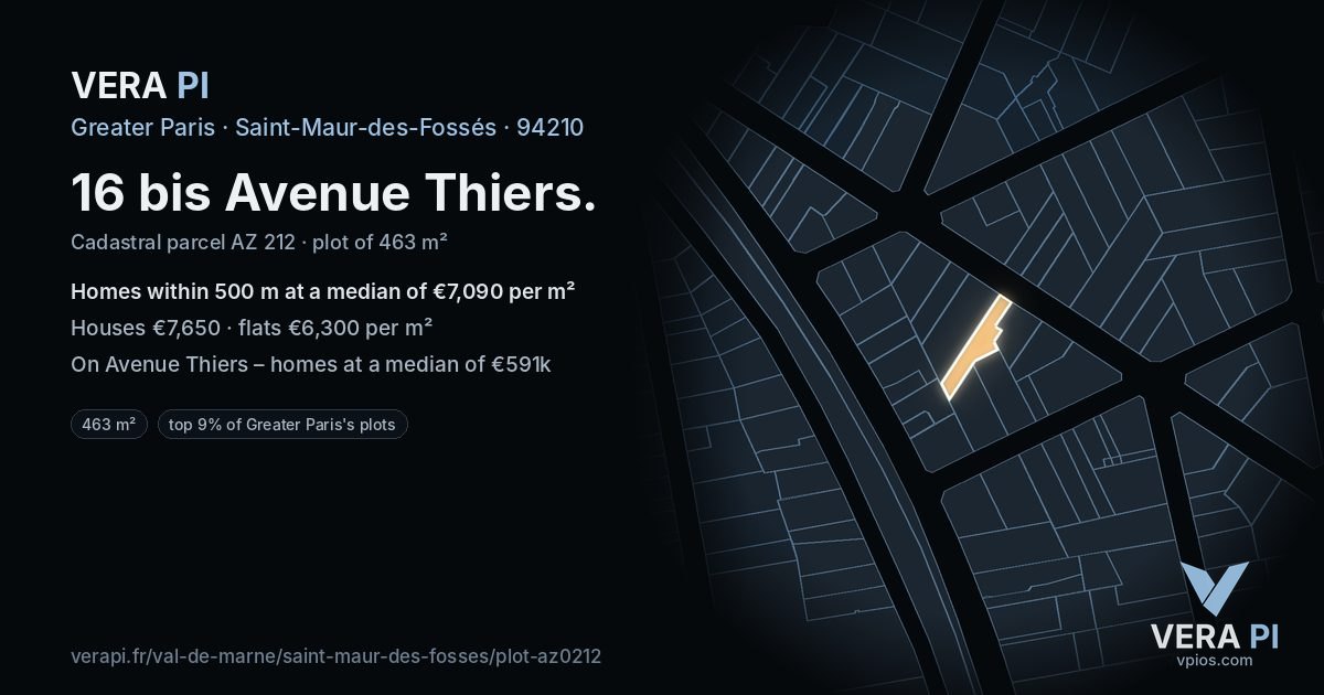 16 bis Avenue Thiers, Saint-Maur-des-Fossés at night – the plot lit, the parcels around coloured by the prices near them