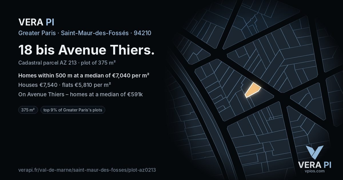 18 bis Avenue Thiers, Saint-Maur-des-Fossés at night – the plot lit, the parcels around coloured by the prices near them