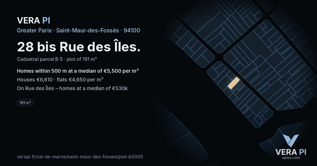 28 bis Rue des Îles, Saint-Maur-des-Fossés at night – the plot lit, the parcels around coloured by the prices near them
