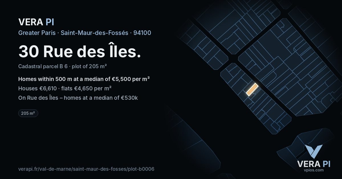 30 Rue des Îles, Saint-Maur-des-Fossés at night – the plot lit, the parcels around coloured by the prices near them