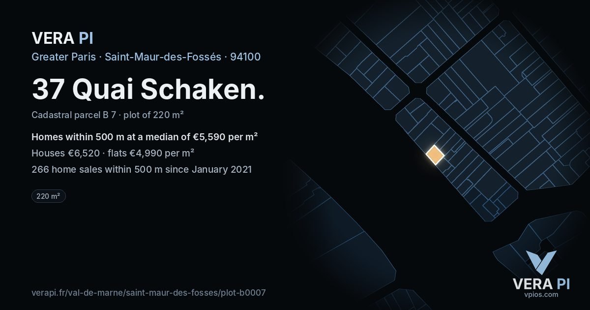 37 Quai Schaken, Saint-Maur-des-Fossés at night – the plot lit, the parcels around coloured by the prices near them