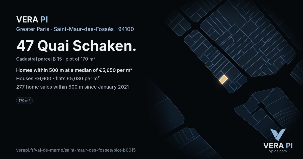 47 Quai Schaken, Saint-Maur-des-Fossés at night – the plot lit, the parcels around coloured by the prices near them