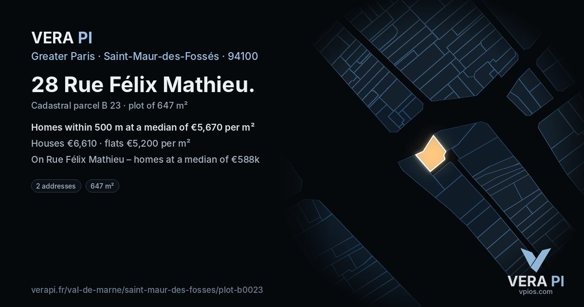28 Rue Félix Mathieu, Saint-Maur-des-Fossés at night – the plot lit, the parcels around coloured by the prices near them