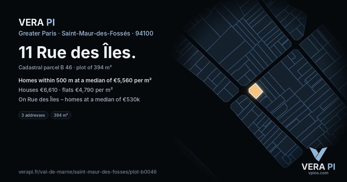 11 Rue des Îles, Saint-Maur-des-Fossés at night – the plot lit, the parcels around coloured by the prices near them