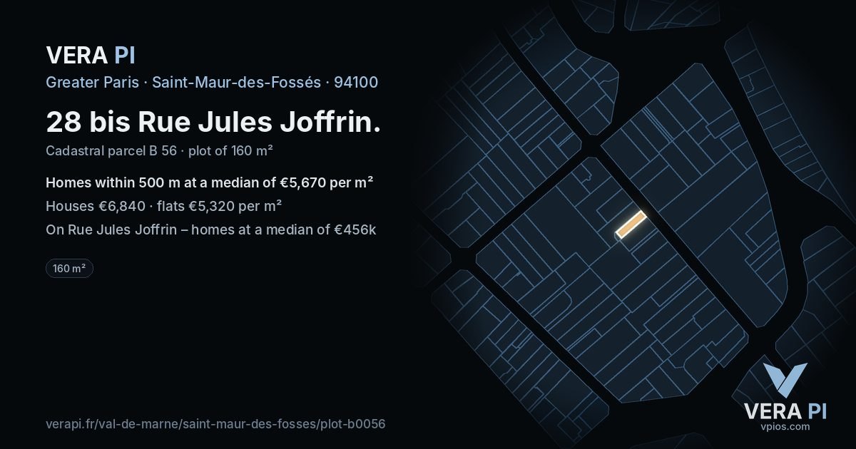 28 bis Rue Jules Joffrin, Saint-Maur-des-Fossés at night – the plot lit, the parcels around coloured by the prices near them