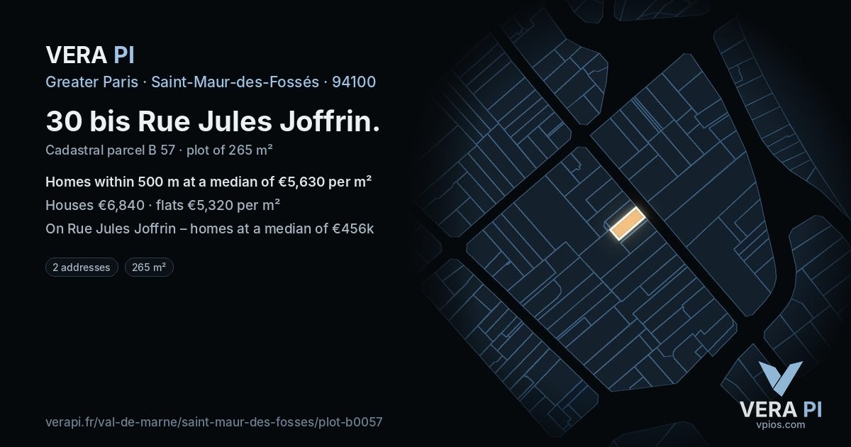 30 bis Rue Jules Joffrin, Saint-Maur-des-Fossés at night – the plot lit, the parcels around coloured by the prices near them