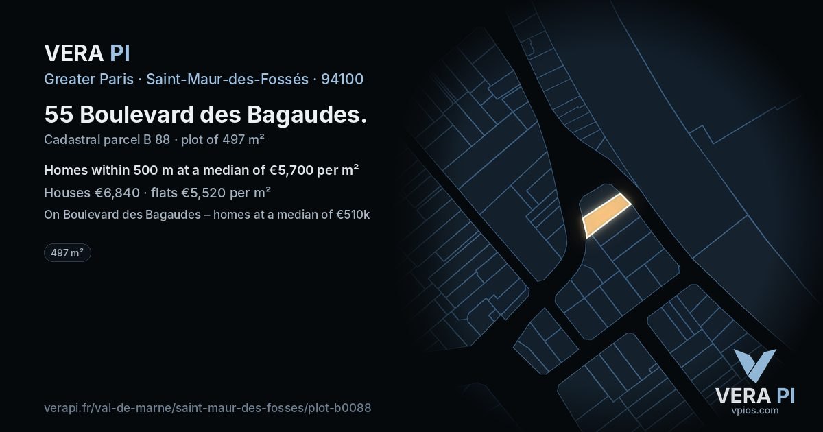 55 Boulevard des Bagaudes, Saint-Maur-des-Fossés at night – the plot lit, the parcels around coloured by the prices near them