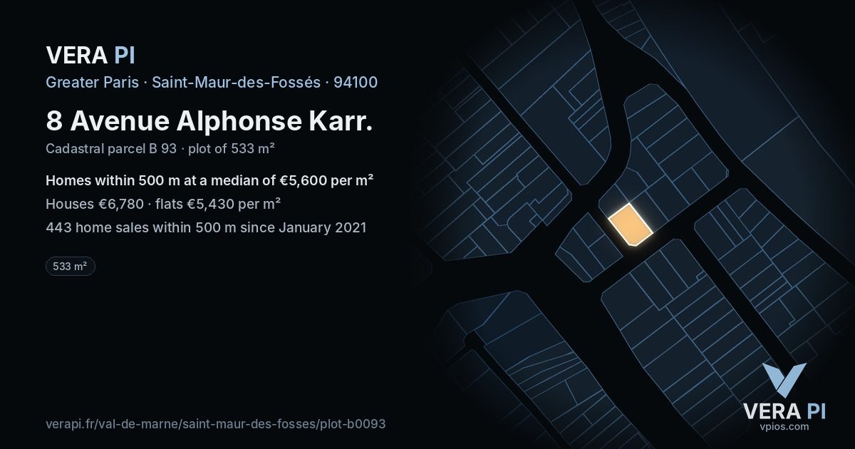 8 Avenue Alphonse Karr, Saint-Maur-des-Fossés at night – the plot lit, the parcels around coloured by the prices near them