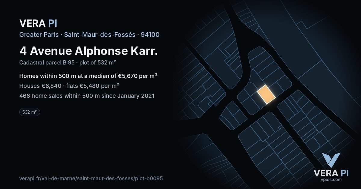 4 Avenue Alphonse Karr, Saint-Maur-des-Fossés at night – the plot lit, the parcels around coloured by the prices near them