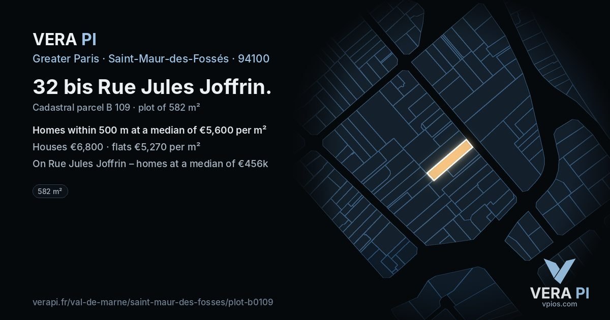 32 bis Rue Jules Joffrin, Saint-Maur-des-Fossés at night – the plot lit, the parcels around coloured by the prices near them