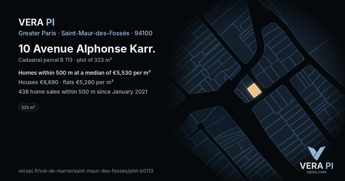 10 Avenue Alphonse Karr, Saint-Maur-des-Fossés at night – the plot lit, the parcels around coloured by the prices near them