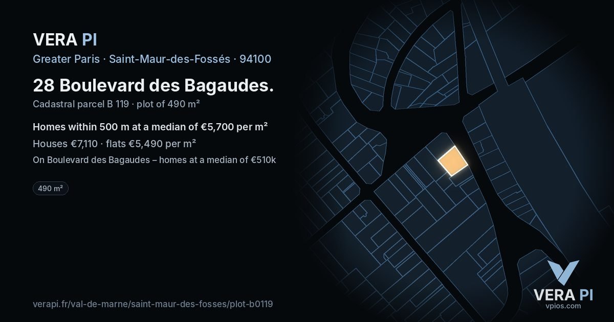 28 Boulevard des Bagaudes, Saint-Maur-des-Fossés at night – the plot lit, the parcels around coloured by the prices near them
