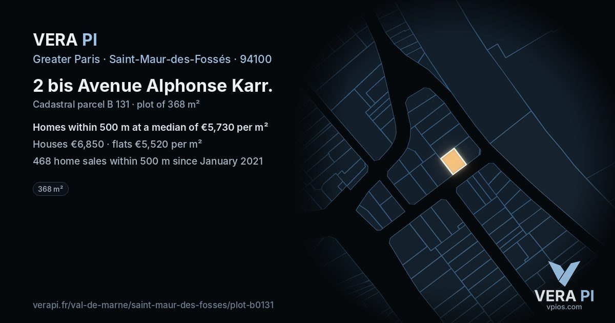 2 bis Avenue Alphonse Karr, Saint-Maur-des-Fossés at night – the plot lit, the parcels around coloured by the prices near them