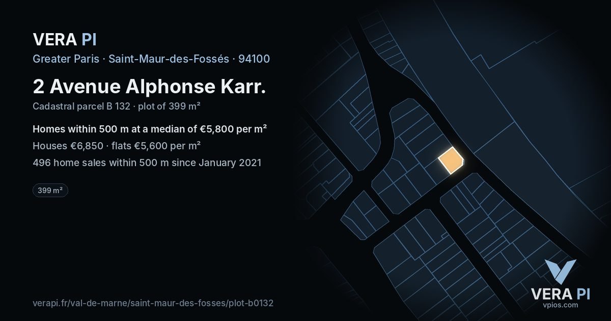 2 Avenue Alphonse Karr, Saint-Maur-des-Fossés at night – the plot lit, the parcels around coloured by the prices near them