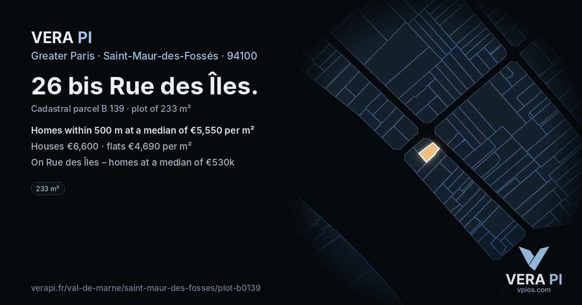 26 bis Rue des Îles, Saint-Maur-des-Fossés at night – the plot lit, the parcels around coloured by the prices near them