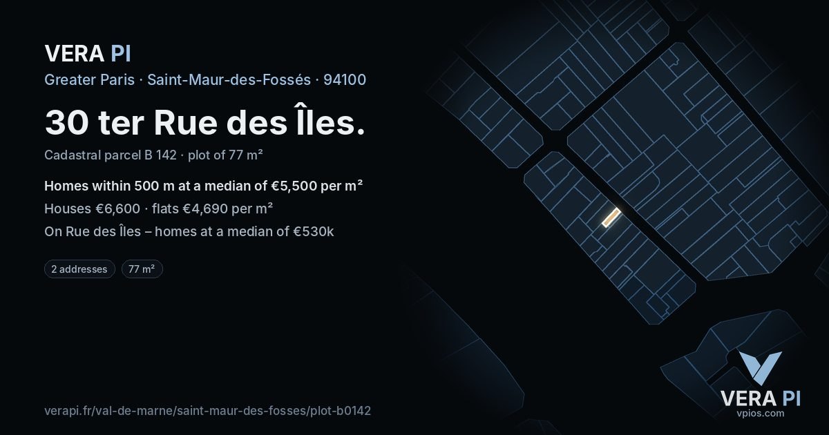 30 ter Rue des Îles, Saint-Maur-des-Fossés at night – the plot lit, the parcels around coloured by the prices near them