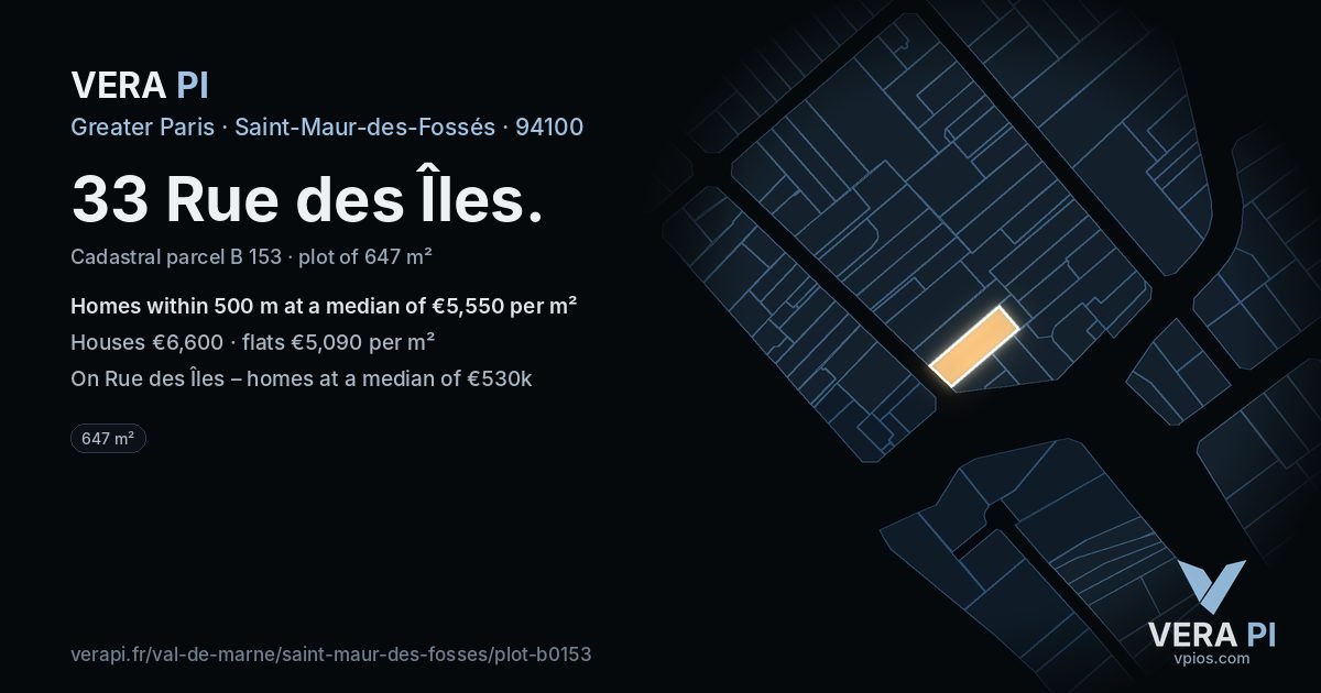 33 Rue des Îles, Saint-Maur-des-Fossés at night – the plot lit, the parcels around coloured by the prices near them