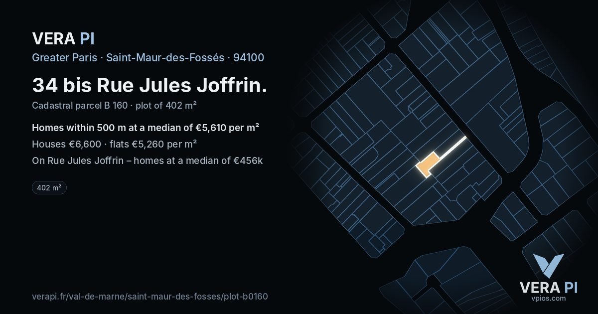 34 bis Rue Jules Joffrin, Saint-Maur-des-Fossés at night – the plot lit, the parcels around coloured by the prices near them