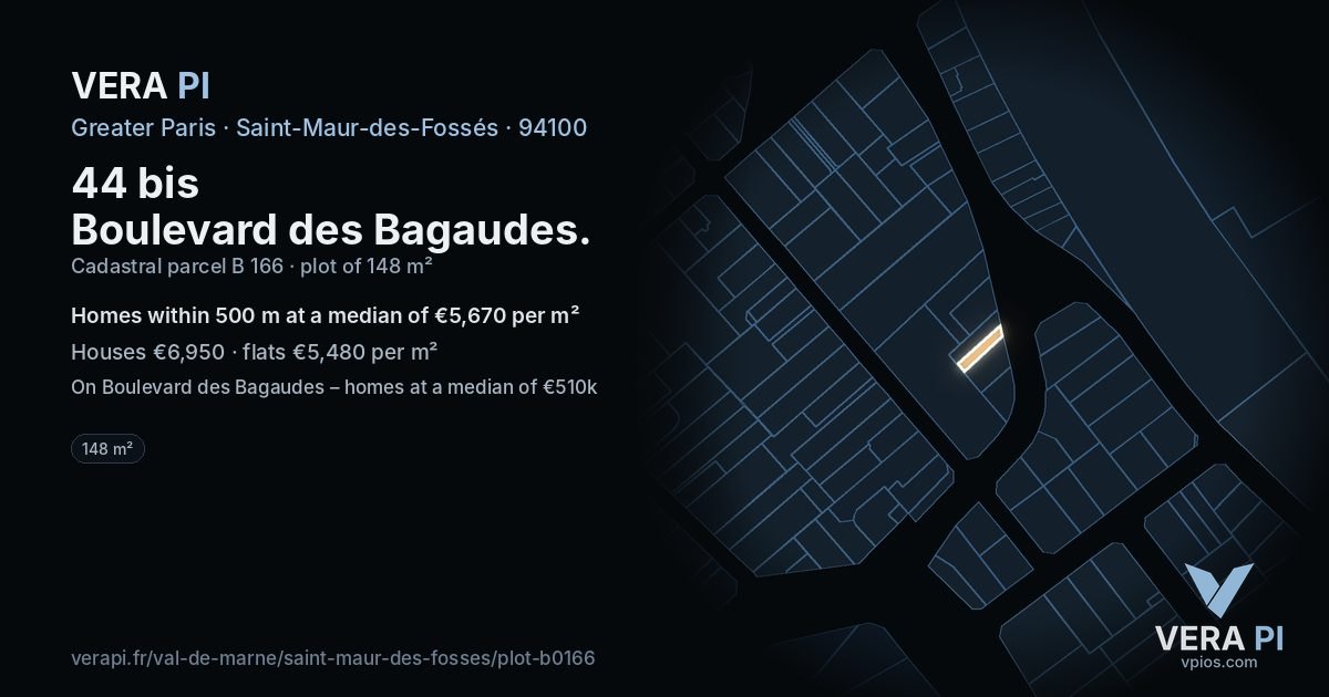 44 bis Boulevard des Bagaudes, Saint-Maur-des-Fossés at night – the plot lit, the parcels around coloured by the prices near them