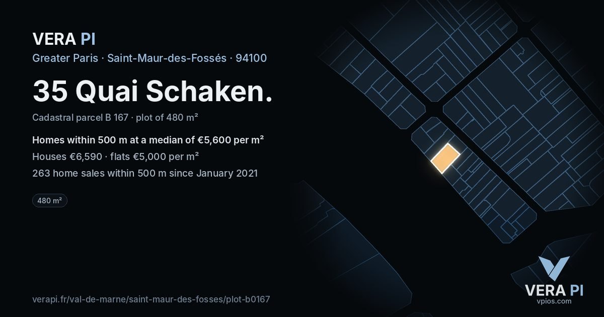 35 Quai Schaken, Saint-Maur-des-Fossés at night – the plot lit, the parcels around coloured by the prices near them