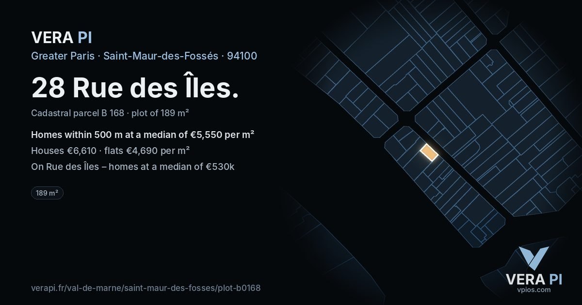 28 Rue des Îles, Saint-Maur-des-Fossés at night – the plot lit, the parcels around coloured by the prices near them