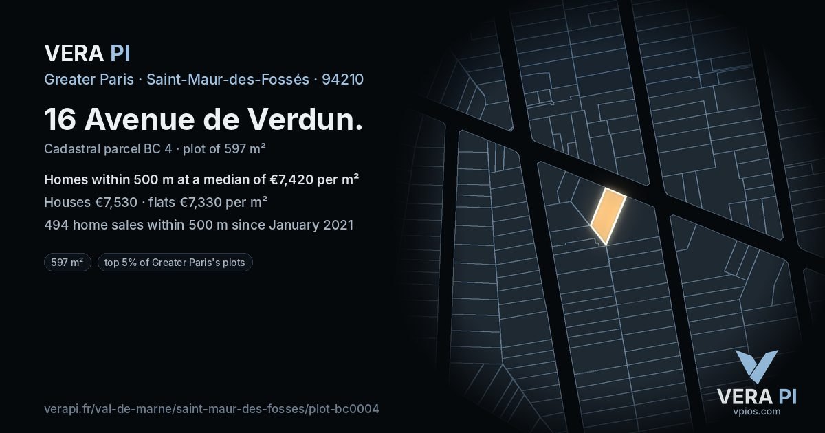 16 Avenue de Verdun, Saint-Maur-des-Fossés at night – the plot lit, the parcels around coloured by the prices near them