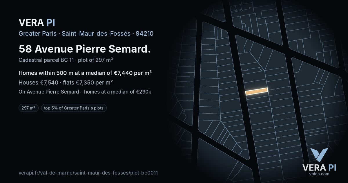 58 Avenue Pierre Semard, Saint-Maur-des-Fossés at night – the plot lit, the parcels around coloured by the prices near them