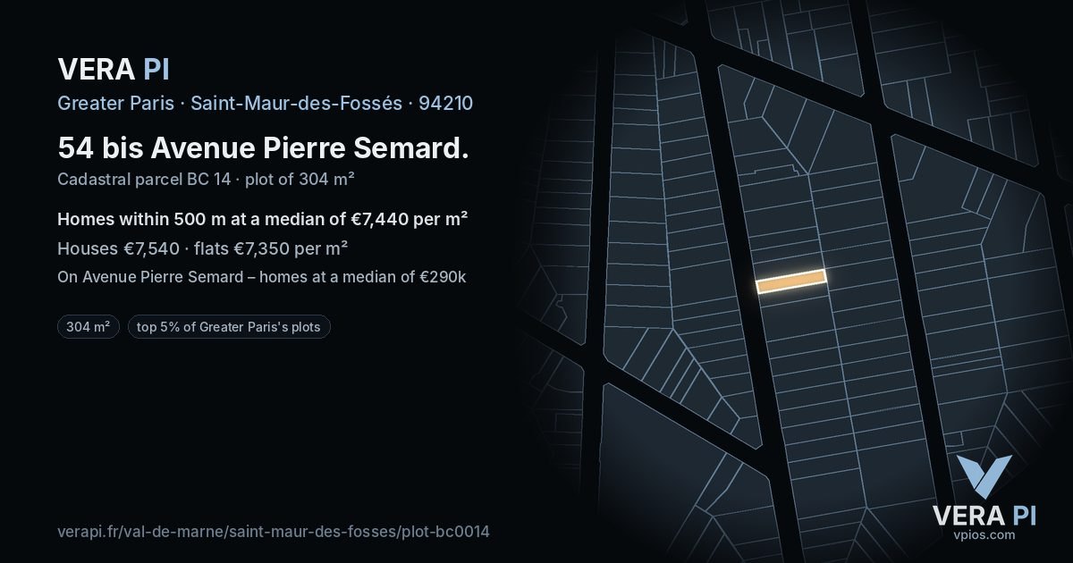 54 bis Avenue Pierre Semard, Saint-Maur-des-Fossés at night – the plot lit, the parcels around coloured by the prices near them