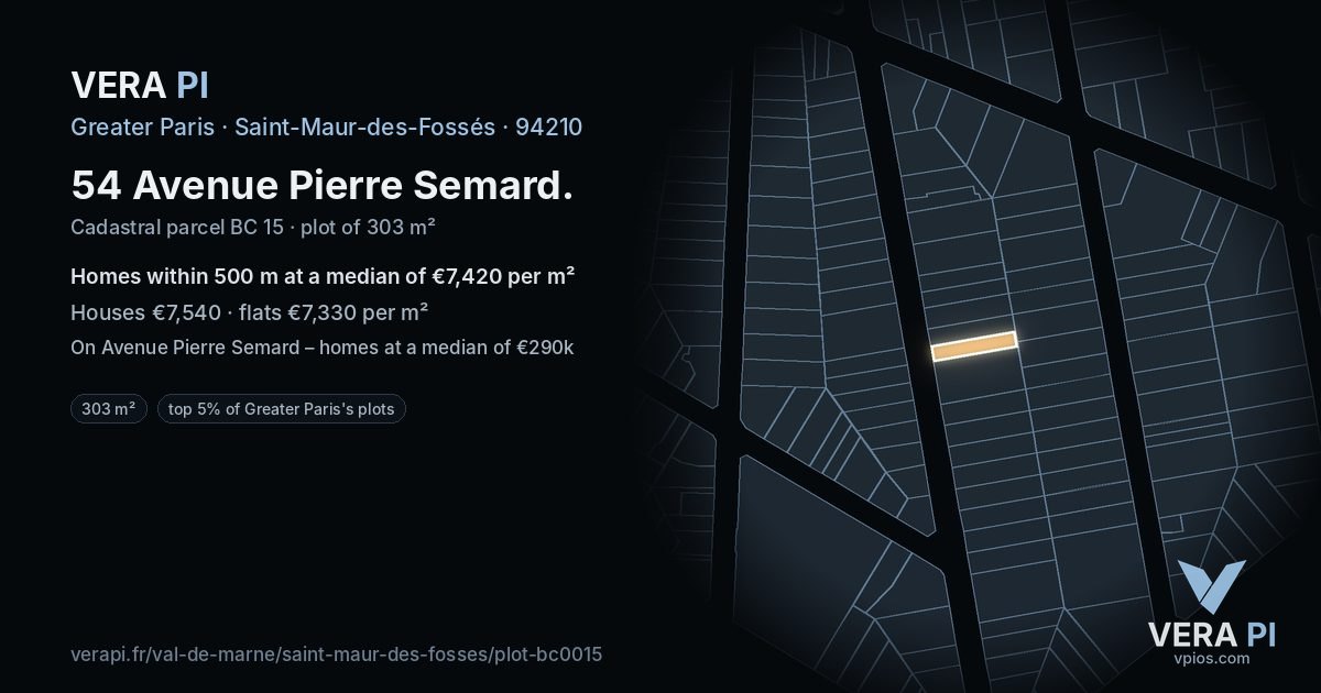 54 Avenue Pierre Semard, Saint-Maur-des-Fossés at night – the plot lit, the parcels around coloured by the prices near them