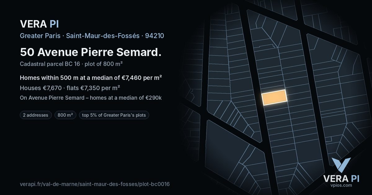 50 Avenue Pierre Semard, Saint-Maur-des-Fossés at night – the plot lit, the parcels around coloured by the prices near them