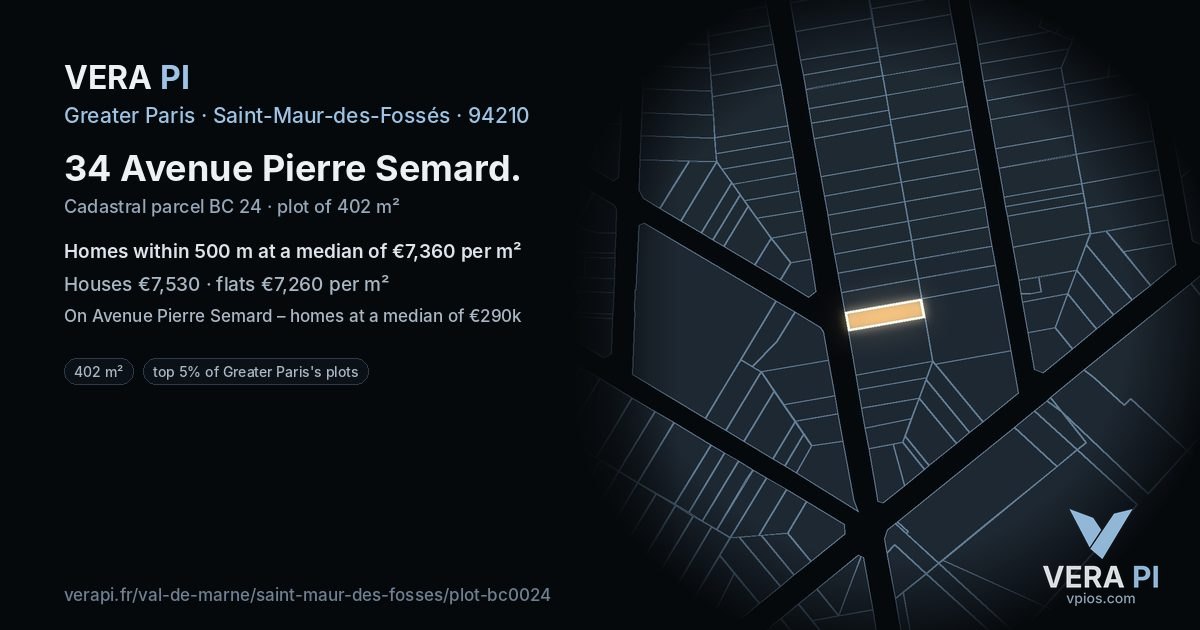 34 Avenue Pierre Semard, Saint-Maur-des-Fossés at night – the plot lit, the parcels around coloured by the prices near them