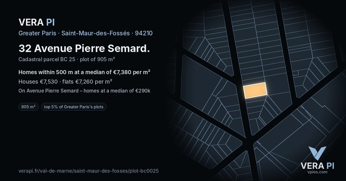 32 Avenue Pierre Semard, Saint-Maur-des-Fossés at night – the plot lit, the parcels around coloured by the prices near them