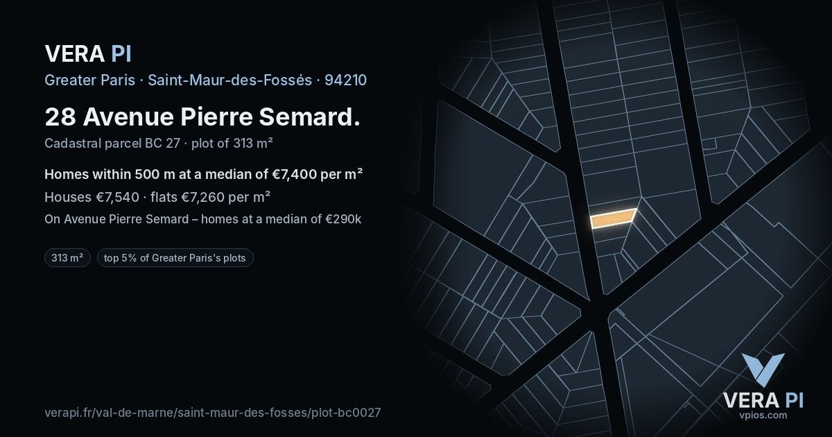 28 Avenue Pierre Semard, Saint-Maur-des-Fossés at night – the plot lit, the parcels around coloured by the prices near them